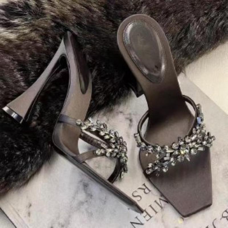 

Large size spring new high-heeled women s shoes square head cross rhinestone silk cool tray shoes thin high-heeled temperament 35