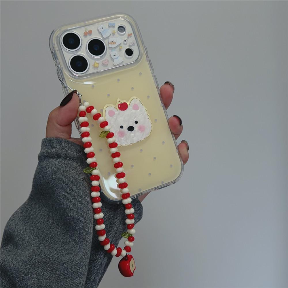 Custard Yellow Polka Dot iPhone 17 Pro Drop-proof Case with Cute Puppy Chain