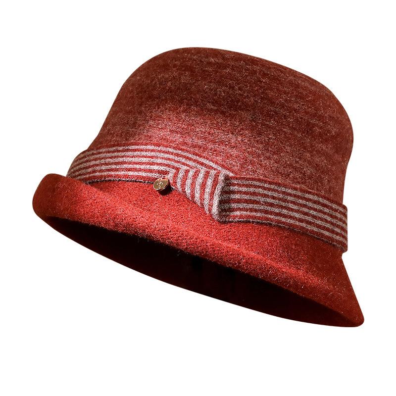 Autumn and winter crimped knitted wool basin hat contrasting stripes women's retro casual warm top hat elegant bucket hat