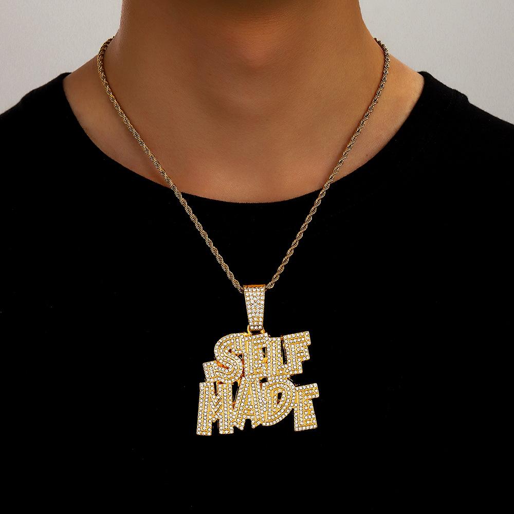 Heißer Verkauf Neues Produkt Vollbesetzter Diamantbuchstabe SELFMADE Legierung Anhänger Personalisiertes Logo Hip Hop Halskette Herrenhalskette