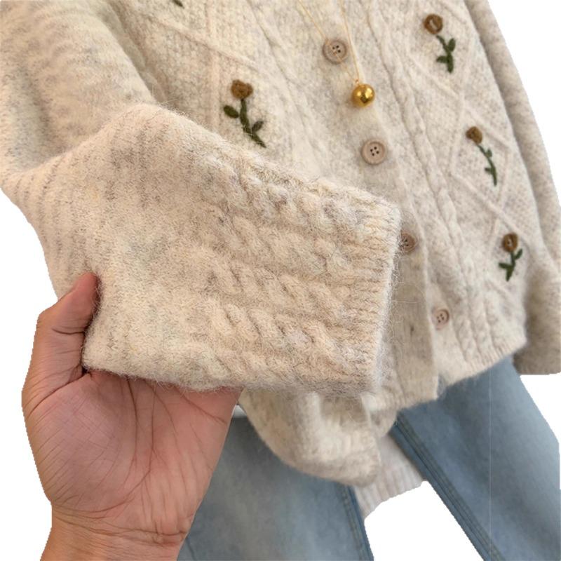 Embroidered Raccoon Velvet Sweater Jacket for Women Autumn and Winter Thickened Loose Knitted Cardigan Top