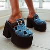 Gdgydh Damen-Pantoletten mit geschlossenem Zehenbereich, Plateausohle, High Heels, rückenfrei, zum Hineinschlüpfen, Pantoletten, Schuhe, Denim, modische Schnalle, klobiger Absatz, Blau