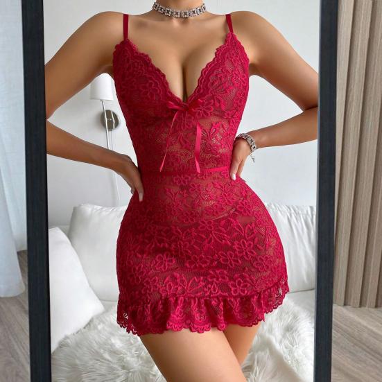 Nachthemd für Damen, tiefer V-Ausschnitt, rückenfrei, ärmellos, Netzstoff, Blumenstickerei, ausgehöhlt, für Hochzeit, Nacht, Flitterwochen