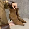 European and American cross belt buckle high-heeled short boots, new suede pointed thin heel rear zipper thin boots in autumn and winter 2025