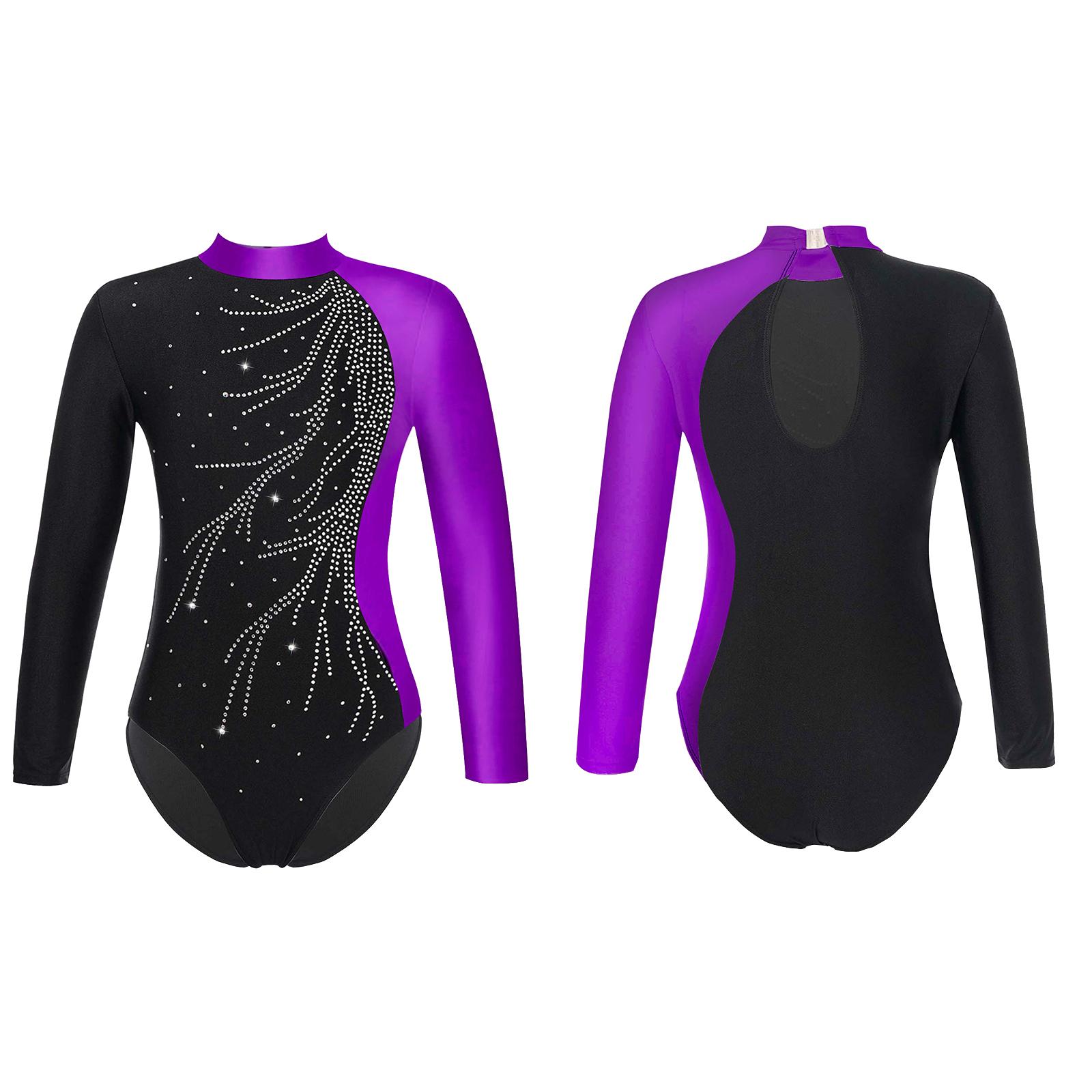 

Танцювальні купальники для дівчаток для гімнастики Блискучі діти Суцільний танцювальний одяг з діамантами з довгими рукавами 13-14 Years