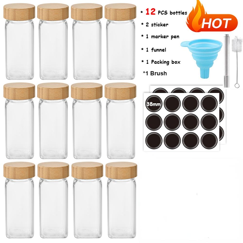 6/12/24pcs Glass Spice Jars with Bamboo Lid Spice Seasoning Containers Salt Pepper Shakers Spice Organizer Kitchen Spice Jar Set