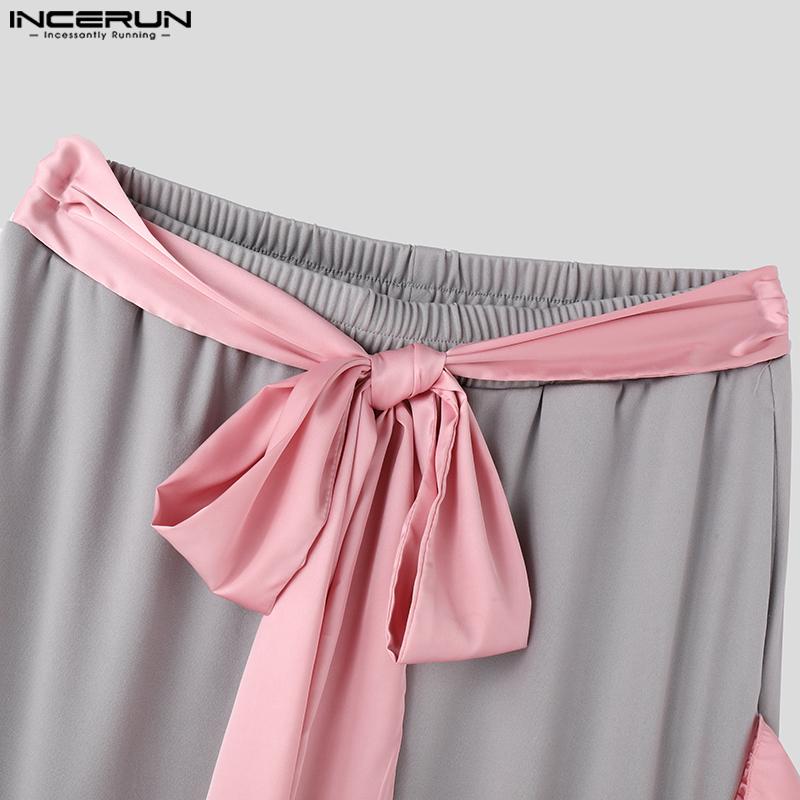 INCERUN Męskie spodnie typu bandage z elastycznym pasem i falbaną, długie, haremowe