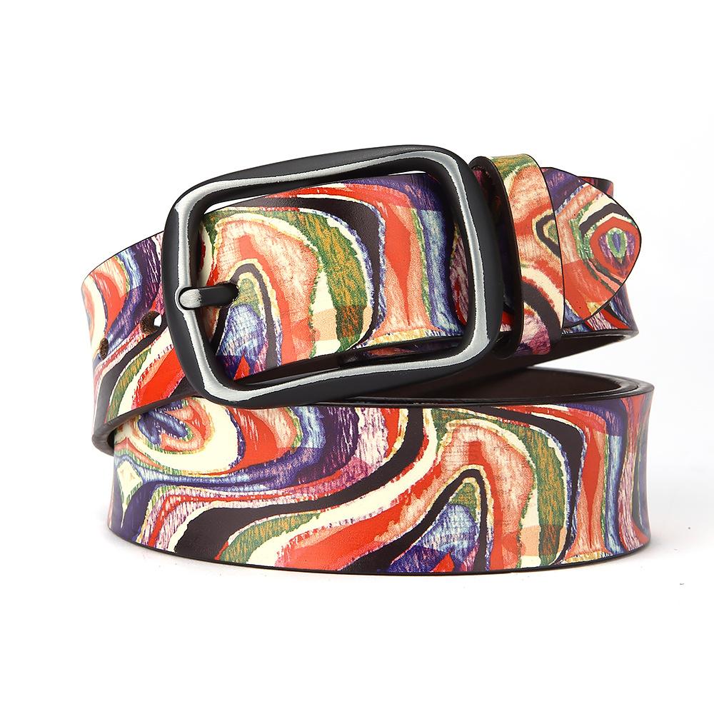 Pure Cowhide Printed Belt, Rainbow Graffiti Genuine Leather Personality European and American Decorative Belt
