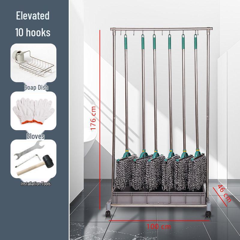 Movable Stainless Steel Mop Storage Rack with Hooks for Floor-Standing Draining in Schools and Factories