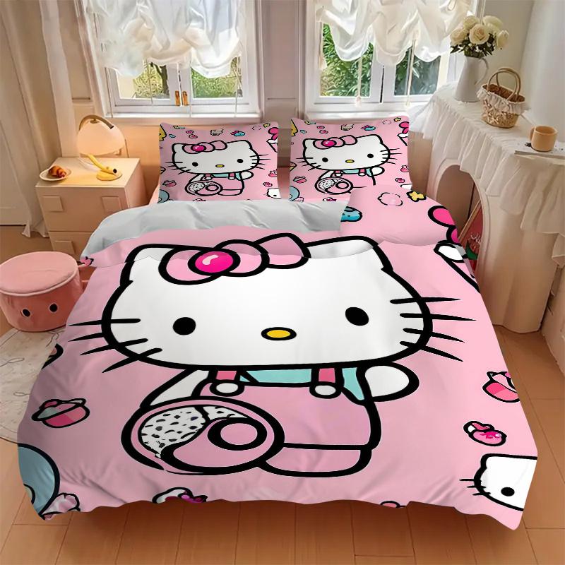 3pcs Hello Kitty's Whimsical Journey Through Colorful Treats and Friends Quilt Set Soft and Comfortable Bedroom, Guest Room and Dorm Decor Bedding