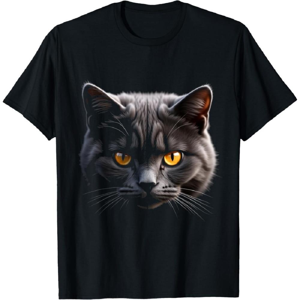 

British Shorthair Cat Realistic Face Art Black T-Shirt(1) S