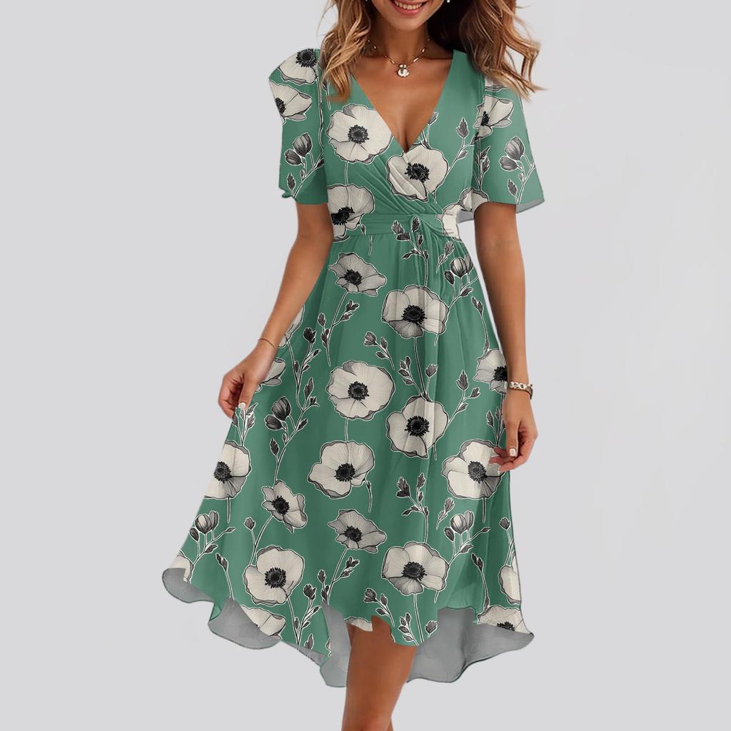 Robe Imprimée Décontractée Ample à Col en V et Manches Courtes avec Jupe Évasée pour Femme