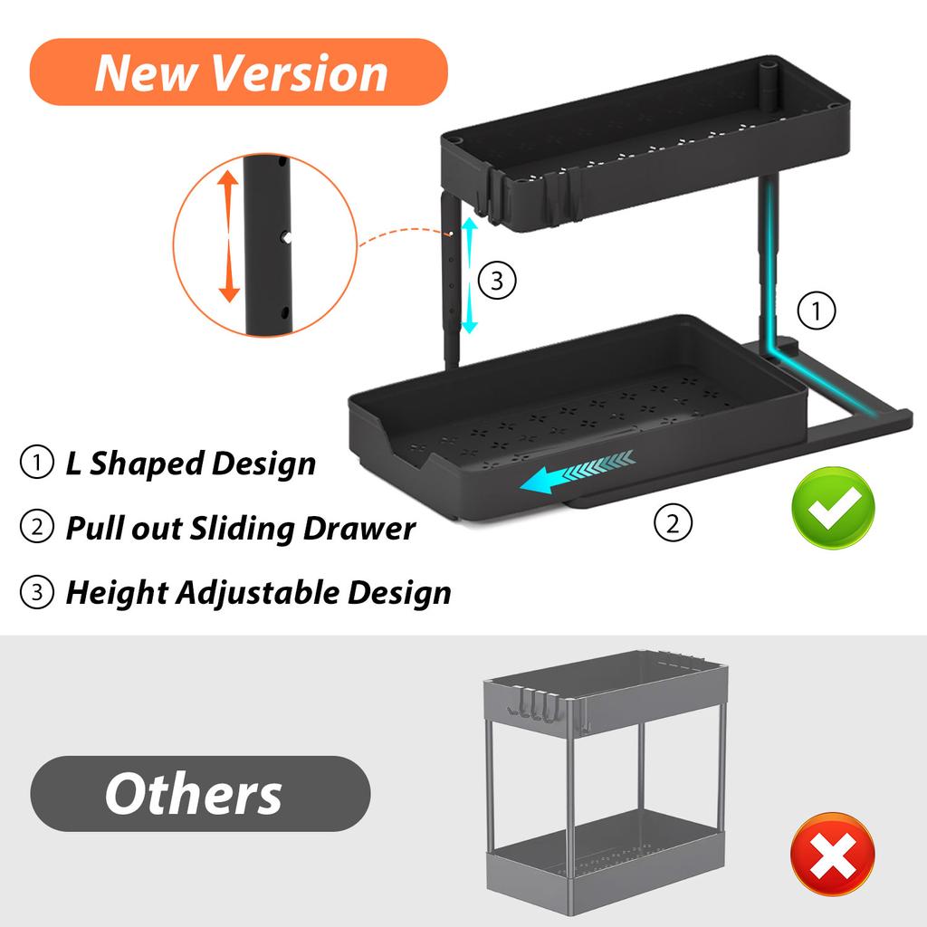 Adjustable Height Under Sink Organizers and Storage, Pull Out Cabinet Organizer 2 Tier Slide Out Shelf Under Cabinet Storage, Under Sink Organize