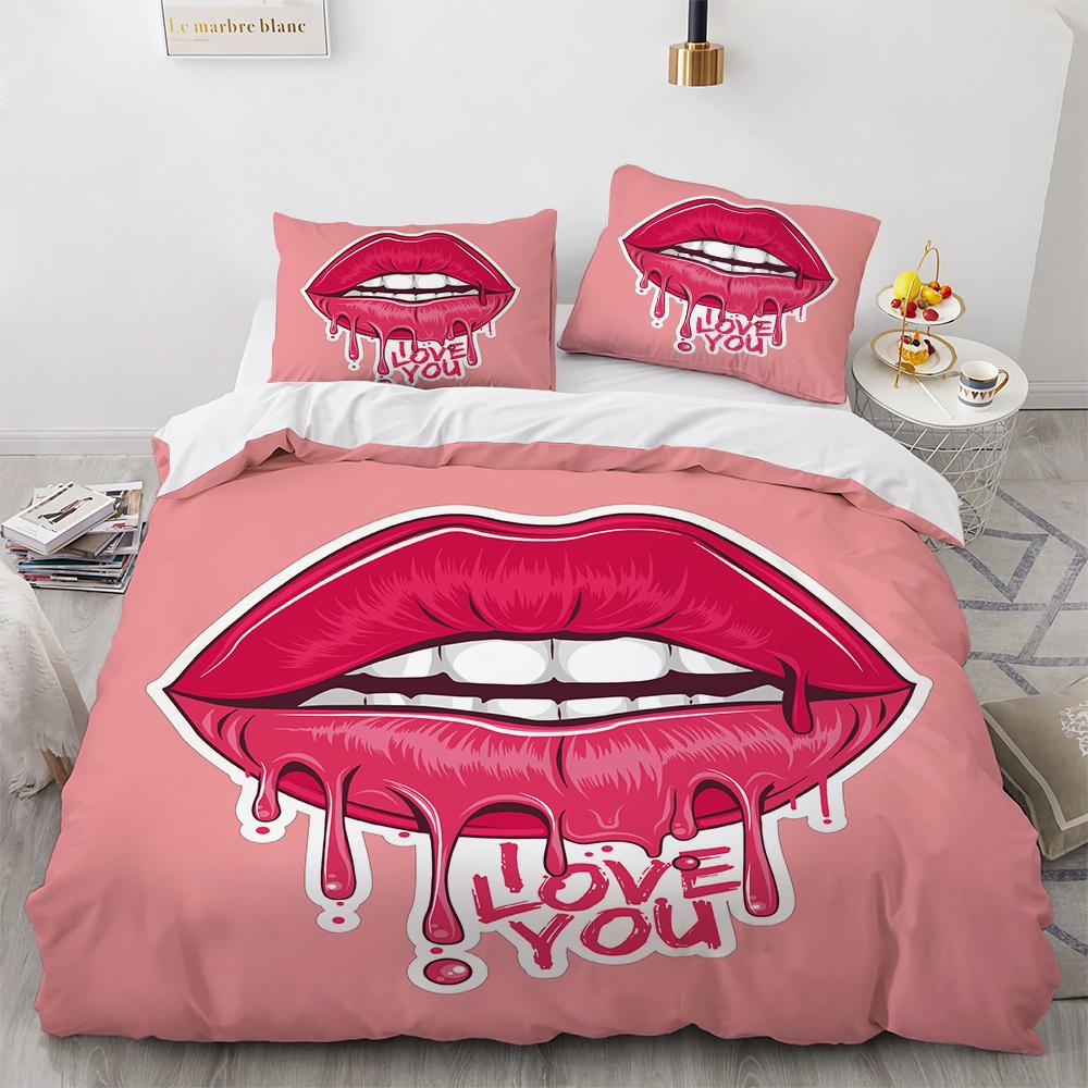2026 NEW Couple Bedding Kiss Sketch Crimson Lips Kissing Guest Room Duvet Cover Set (1pc* Duvet Cover + 2pcs Pillowcase)