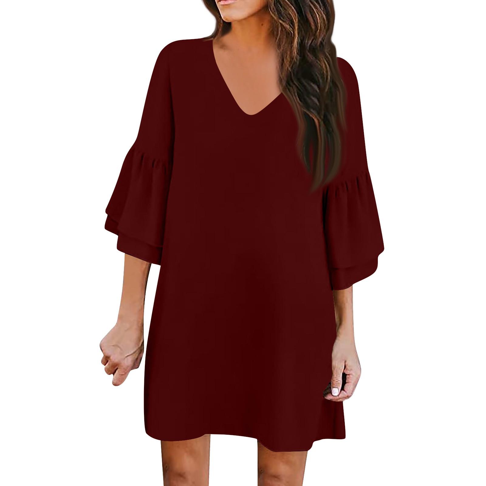 

Женская мода Классические однотонные повседневные платья с v-образным вырезом и расклешенными рукавами L винный