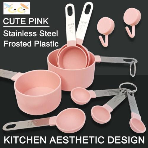 XGiGiX 8-Piece Pink Measuring Cup and Measuring Spoon Set with Stainless Steel Handles, Cute Pink Cups, and 2 Kitchen Tool Hooks