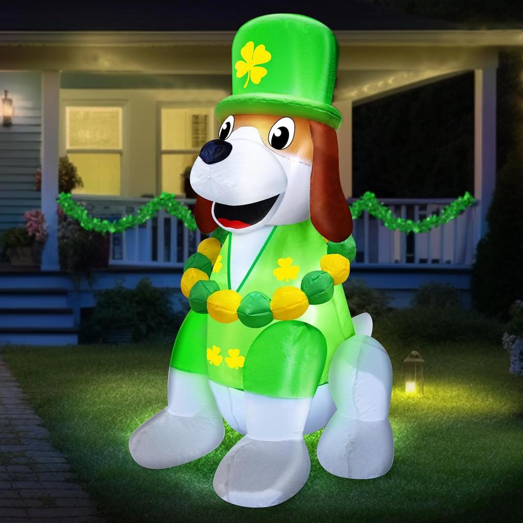4FT St Patricks Day Inflatables Outdoor Decorations Blow Up Cute Dog Wearing Luck Shamrock Hat Bead Necklace, St. Patrick's Blow ups Irish Built-in