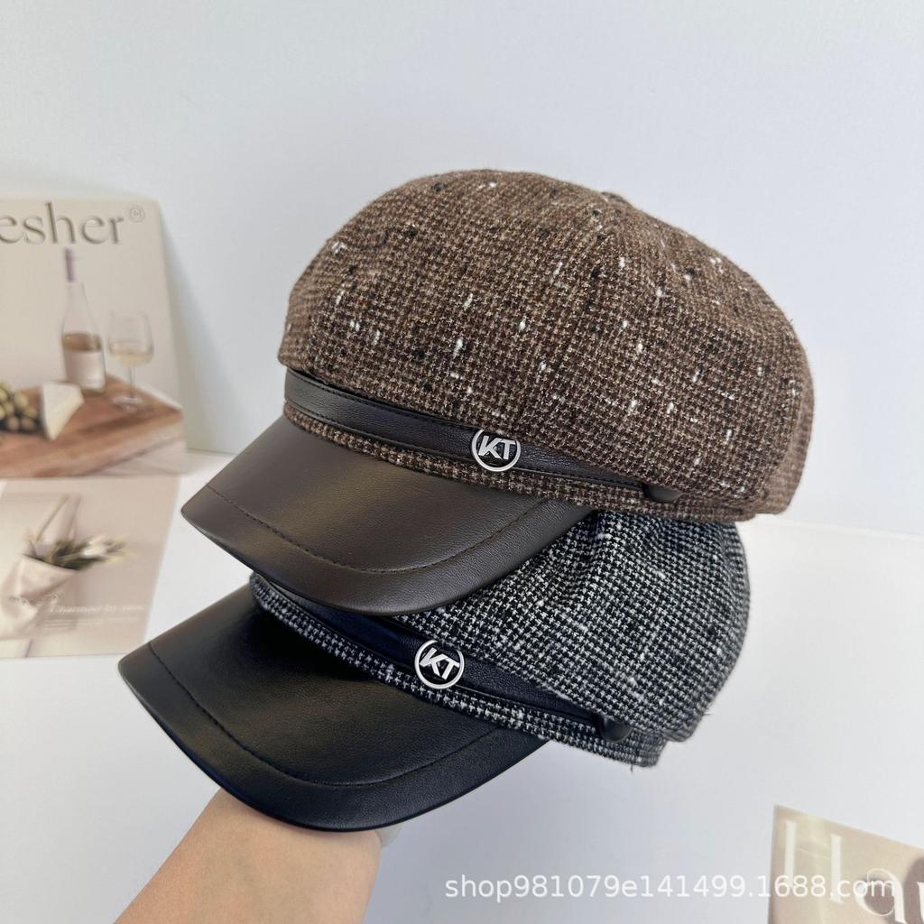Octagonal Hat Women's Leather Hat Eaves Hong Kong Style Fashion Temperament Elegant Autumn and Winter Beret Versatile New Bud Painter Hat