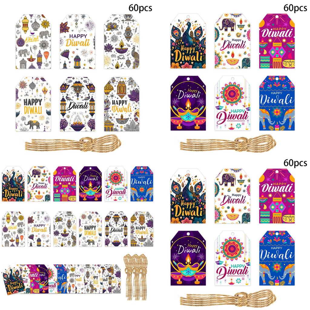 Diwali Theme Hang Tags For Party Decorations With 60pcs Paper Festive Labels