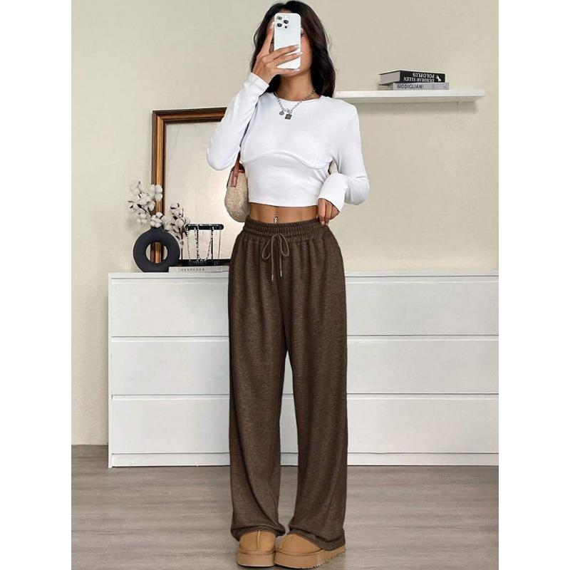 Spring Autumn Elastic Waist Drawstring Casual Fashion Wide Leg Pants Women Solid Color All-match Straight Trousers