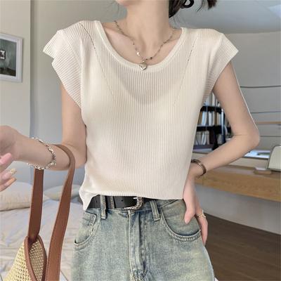 Pulover Tricotat cu Mâneci Scurte Decupat pentru Femei În Vară Slăbind cu Tricou Cami cu Gât Rotund Top Mătase de Gheață