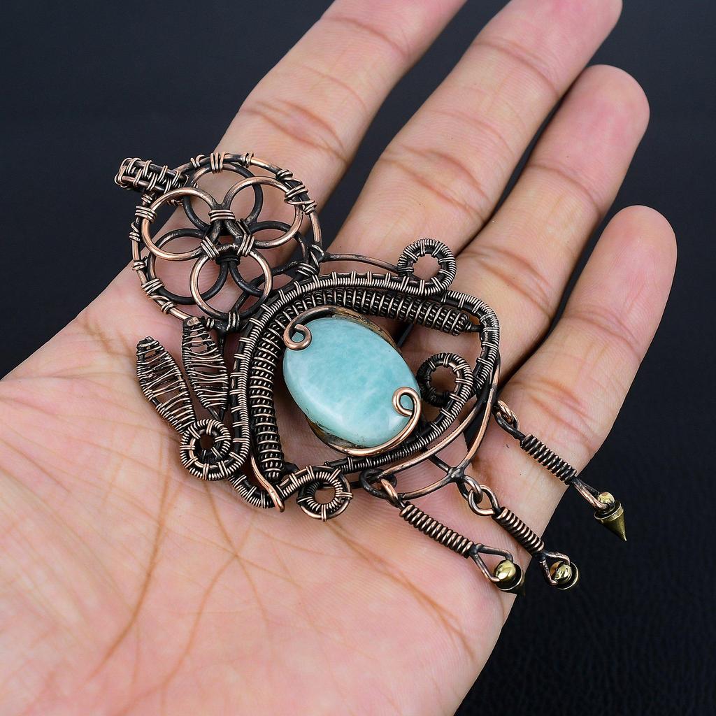 Amazonit Anhänger, 999 Kupferdraht gewickelter Anhänger Handgefertigter Edelsteinschmuck, Geschenke für Ehefrau Brandneuer Anhänger