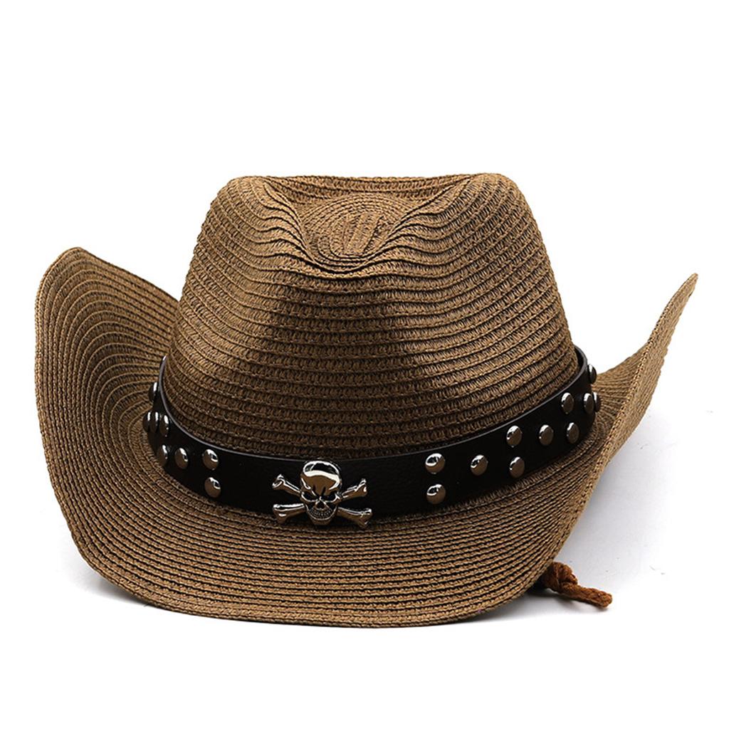 Metal Skull Decors Women Men Straw Weaving Hat for Spring Summer Elegant Lady Man Church Cosplay Hat Adjustable