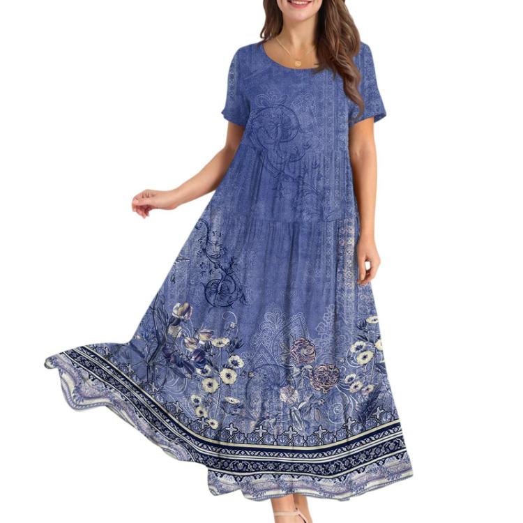 Bohemian Floral Summer Beach Dress Women Casual Loose Long Maxi Swing Short Sleeve