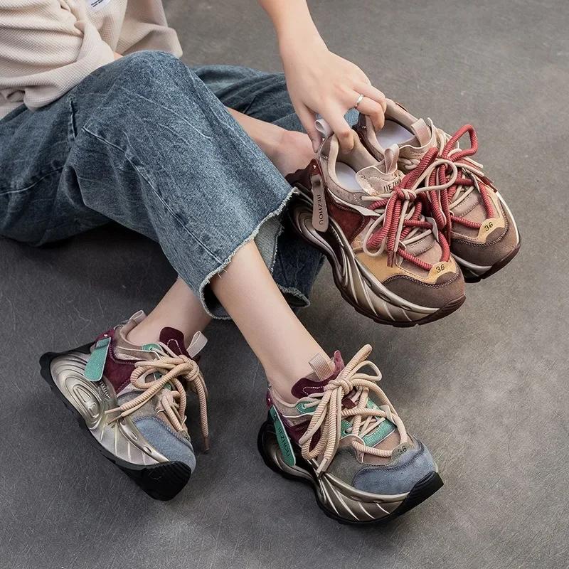 Moda Alta Qualità 5CM Primavera Autunno Mocassino Vulcanizzato Donna Sneaker Chunky Scarpe Vera Pelle Marca Alta Piattaforma 2024 Scarpe Estive