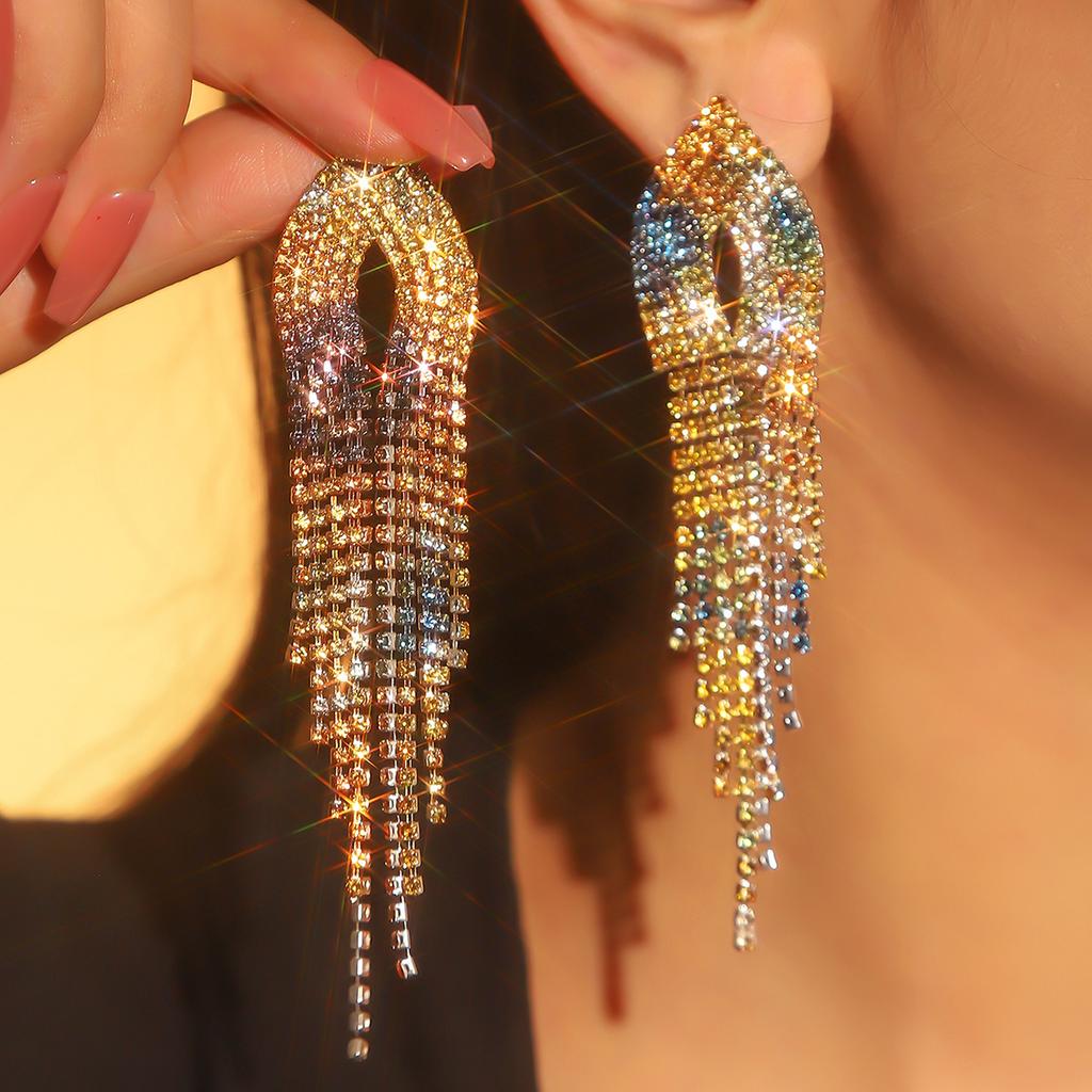 Temperament Color Shiny Rhinestone Long Earrings