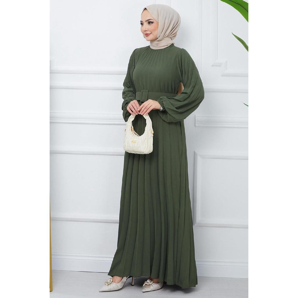Belted Pleated Aerobin Dress Khaki Hm2339