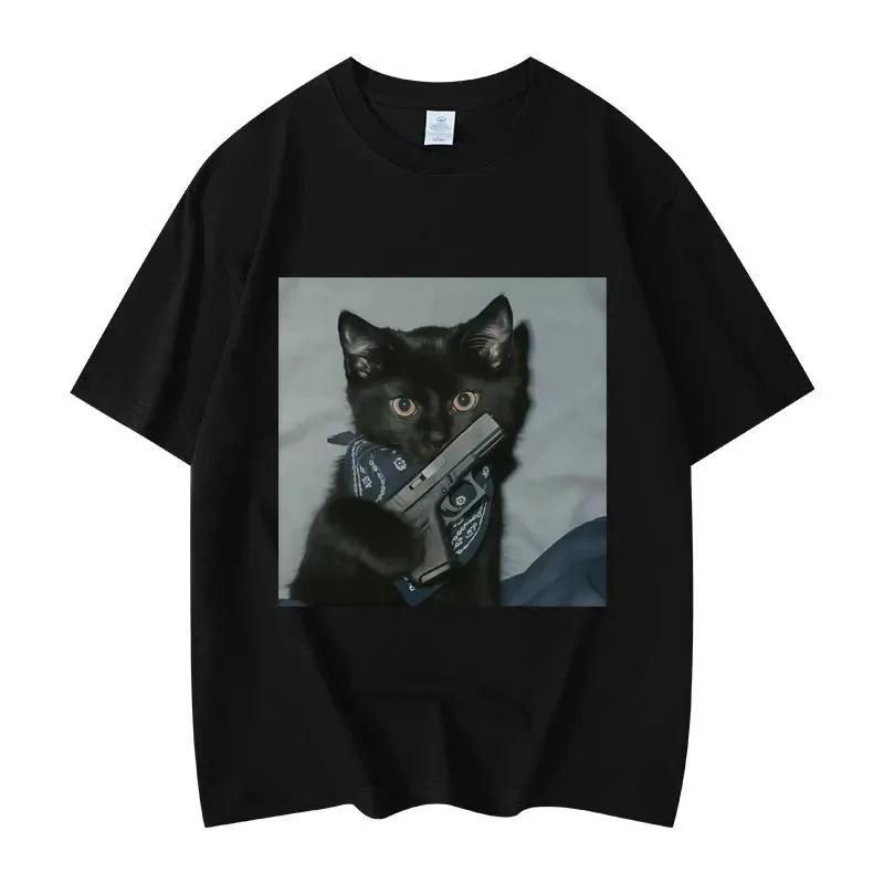 Lustiges Räuberkatzen-Print-T-Shirt Sommer Retro Unisex 100% Baumwolle Kurzarm Hohe Qualität Lässig Streetwear Damen und Unisex T-Shirt