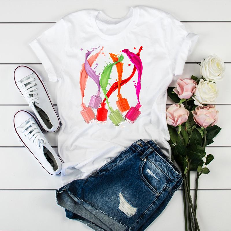 Women'S Fun Nail Polish, Pattern, Print Fashion Women'S T-Shirt Casual Top Ladies
