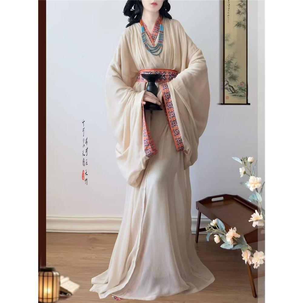 Original restauriertes Hanfu-Set für Frauen aus der Zeit der Streitenden Reiche, Zhiju, Kreuzkragen, weite Ärmel, locker, gerader Saum, Robe, traditionelles chinesisches Kostüm