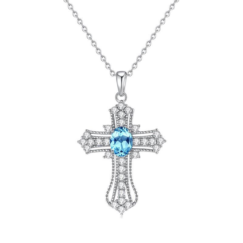 S925 Pure Silver All Diamond Cross Necklace for Women, Silver Inlaid with Natural Color Treasure, Fashionable and Versatile Gift