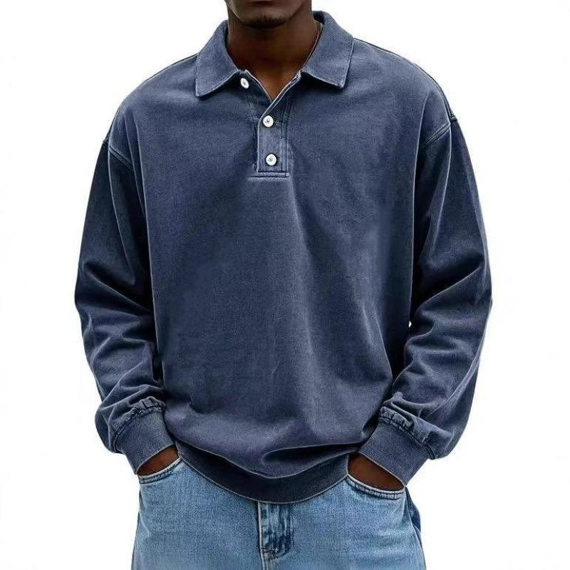 Men's Long Sleeve Polo Shirt Button Collar Relaxed Fit Casual Everyday Top