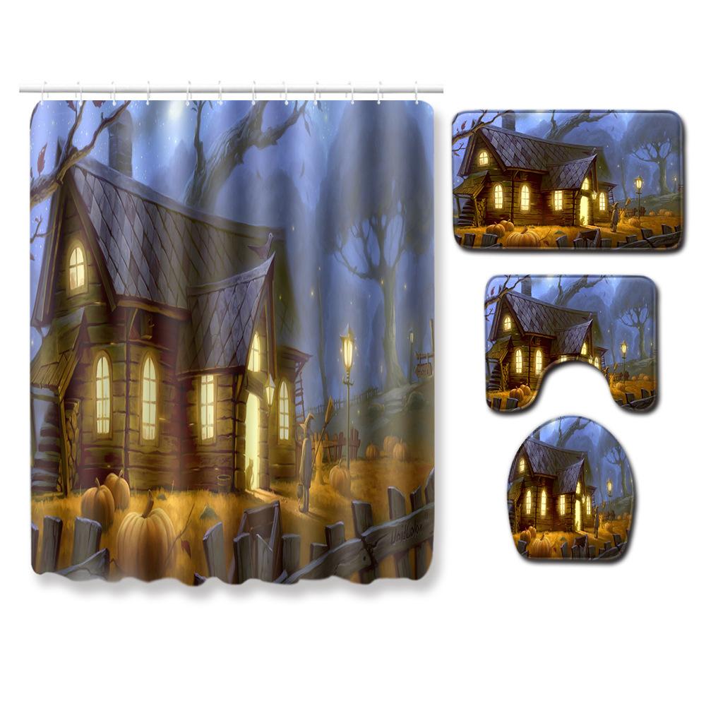 Halloween Series Bathroom Shower Curtain Floor Mat Toilet Cover Foot Mat Four-Piece Pattern Size
