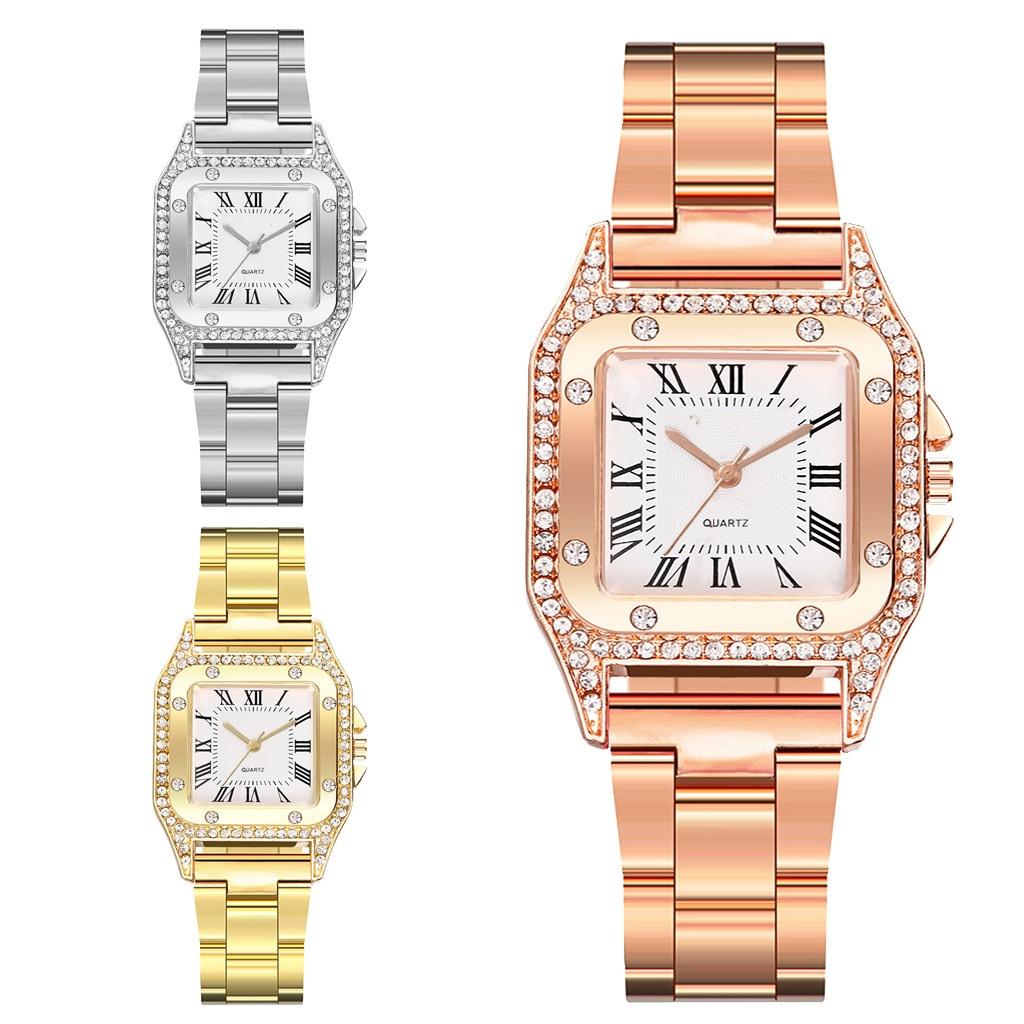 Fashion Luxury Women's Square Watch Diamond Steel Strap Roman Scale Dial Quartz Female Gift Clock Watches
