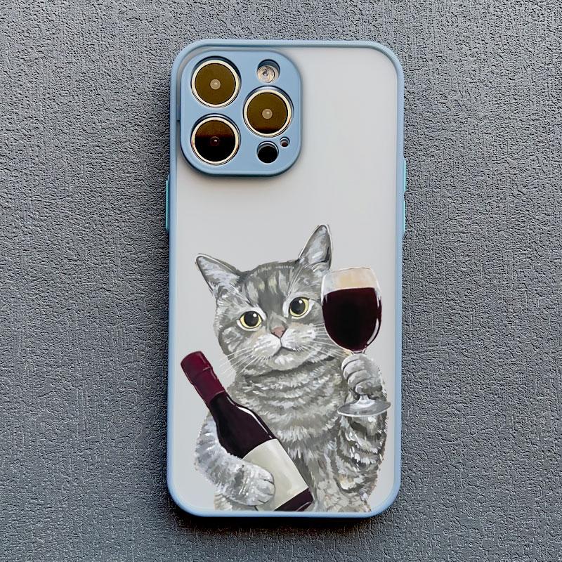 Cute Happy Cat Goblet Red Wine Phone Case For iPhone 15 14 13 Pro Max 16 13 12 11 Pro Max Mini 7 8 15 14 Plus X XS XR Back Cover