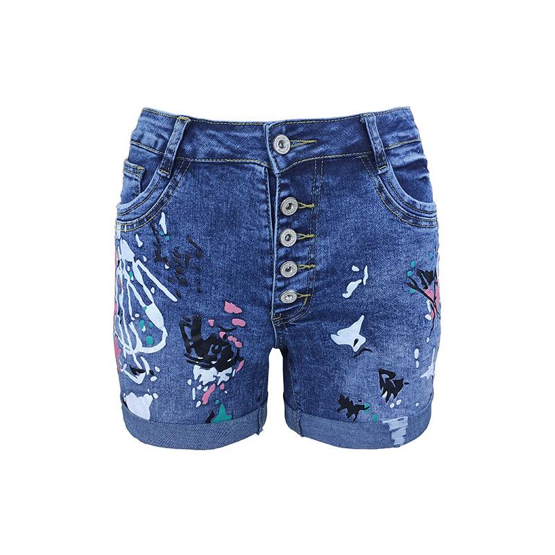 Cross-Border Women's Denim Shorts: Buttoned, Slim Fit, Half-Body Print, Casual, Elastic, Versatile Hot Pants