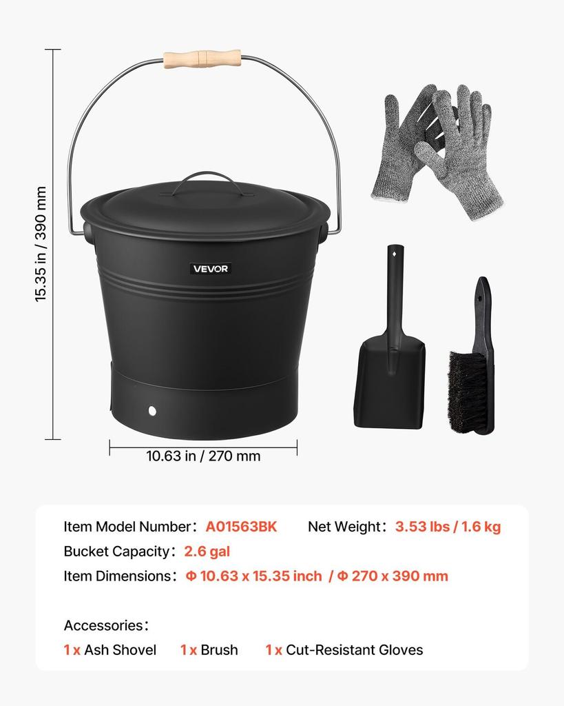 Ash Bucket, 4 PCS with Lid, Shovel, Broom and Gloves, Metal Fireplace Charcoal Bucket and Ash Can, 9.8L Large Capacity for Fireplace, Fire Pits, Wood
