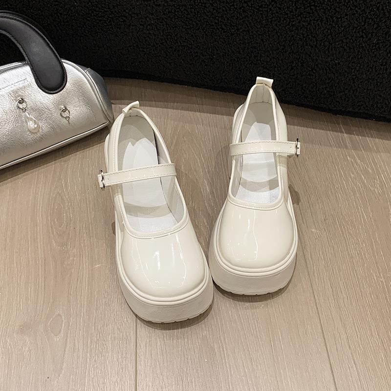 

Толстые туфли на высоком каблуке из маленькой кожи, женские французские Мэри Джейн, осень 2025, новые модные универсальные туфли на толстой подошве, увеличивающие рост 40 бежевый