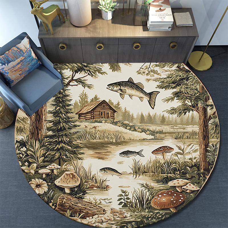 Fish Lake Round Area Rug,Carpet Rug for Living Room Bedroom Sofa Playroom Decor,Non-slip Floor Mat