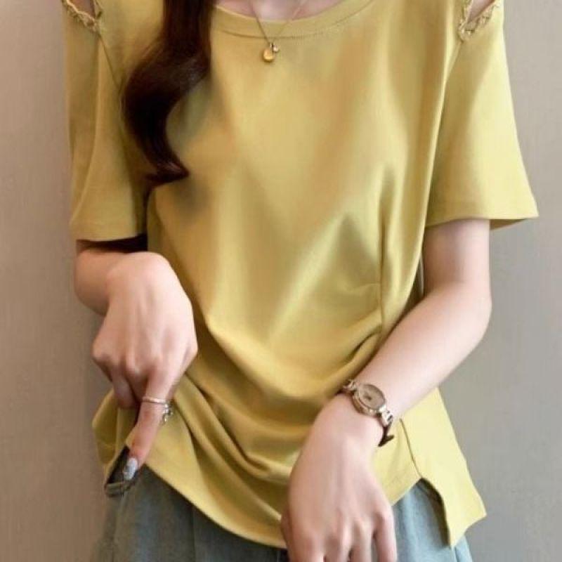 Plus Size One-Shoulder Beaded Hollow-Out Short-Sleeve T-Shirt, Summer Slimming Loose Fit