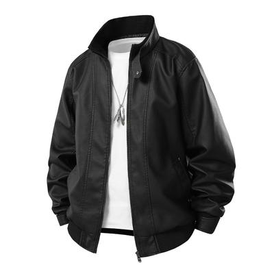 Men's Motorcycle Uniform Simple and Versatile Stand Up Collar Leather Jacket Wide