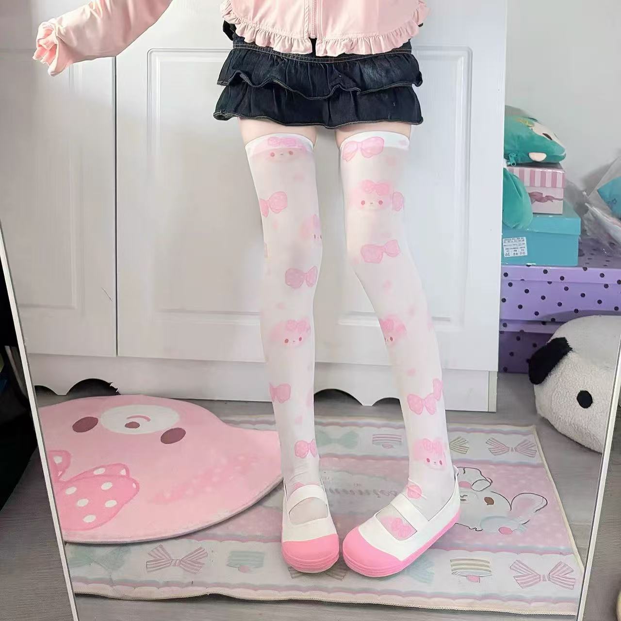 WJN Spring Japanese-style Breathable Thin Digital Printed Stockings Thigh-high Socks Sweet Cute Over-the-knee Velvet Lolita Long One Size