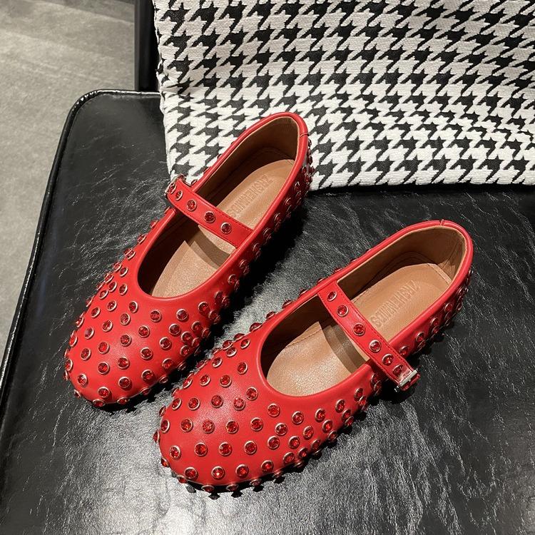 New leather round head rhinestone rivets Mary Jane single shoes women's flat comfortable ballet dancing shoes