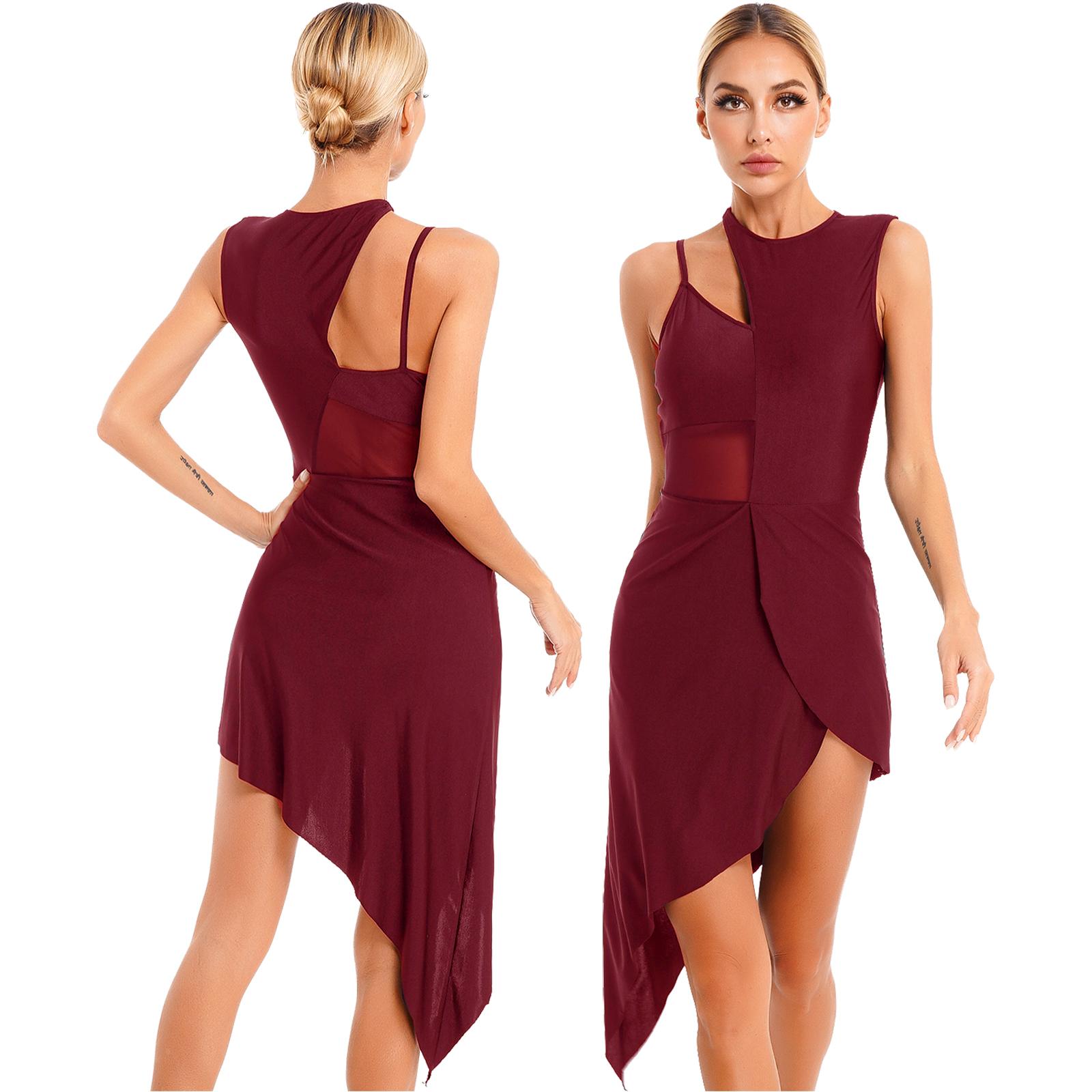 Linjinx Dames hedendaagse lyrische danskleding gymnastiek ballet dans turnpakje jurk mouwloze asymmetrische zoom prestatiekostuum S bordeaux