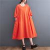 Real Shot Summer New Literary Large Size Loose Splicing Solid Color V-neck Short-sleeved Dress Women's Clothing Medium and Long