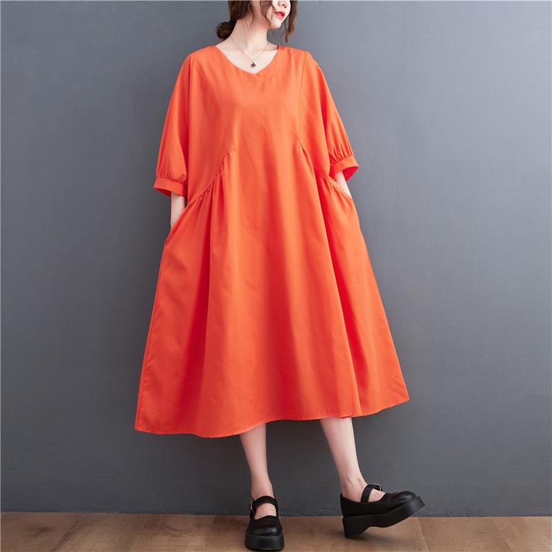 Real Shot Summer New Literary Large Size Loose Splicing Solid Color V-neck Short-sleeved Dress Women's Clothing Medium and Long
